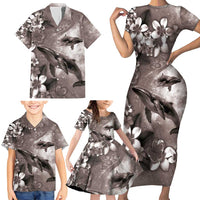 Hawaiian Lei Day Plumeria Humpback Whales Family Matching Short Sleeve Bodycon Dress and Hawaiian Shirt Polynesian Art Vibrant Starry Nebula Grayscale Style LT03 - Polynesian Pride