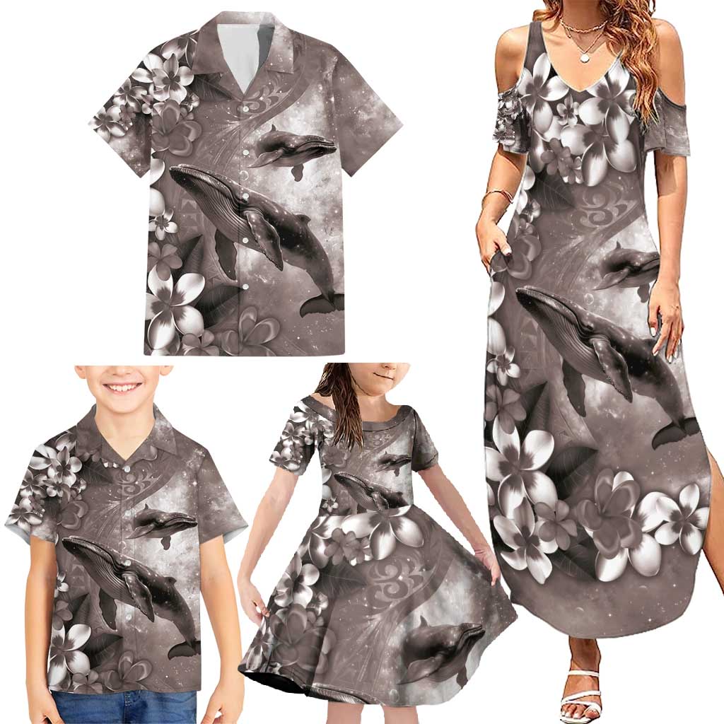 Hawaiian Lei Day Plumeria Humpback Whales Family Matching Summer Maxi Dress and Hawaiian Shirt Polynesian Art Vibrant Starry Nebula Grayscale Style LT03 - Polynesian Pride