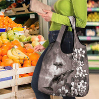 Hawaiian Lei Day Plumeria Humpback Whales Grocery Bag Polynesian Art Vibrant Starry Nebula Grayscale Style