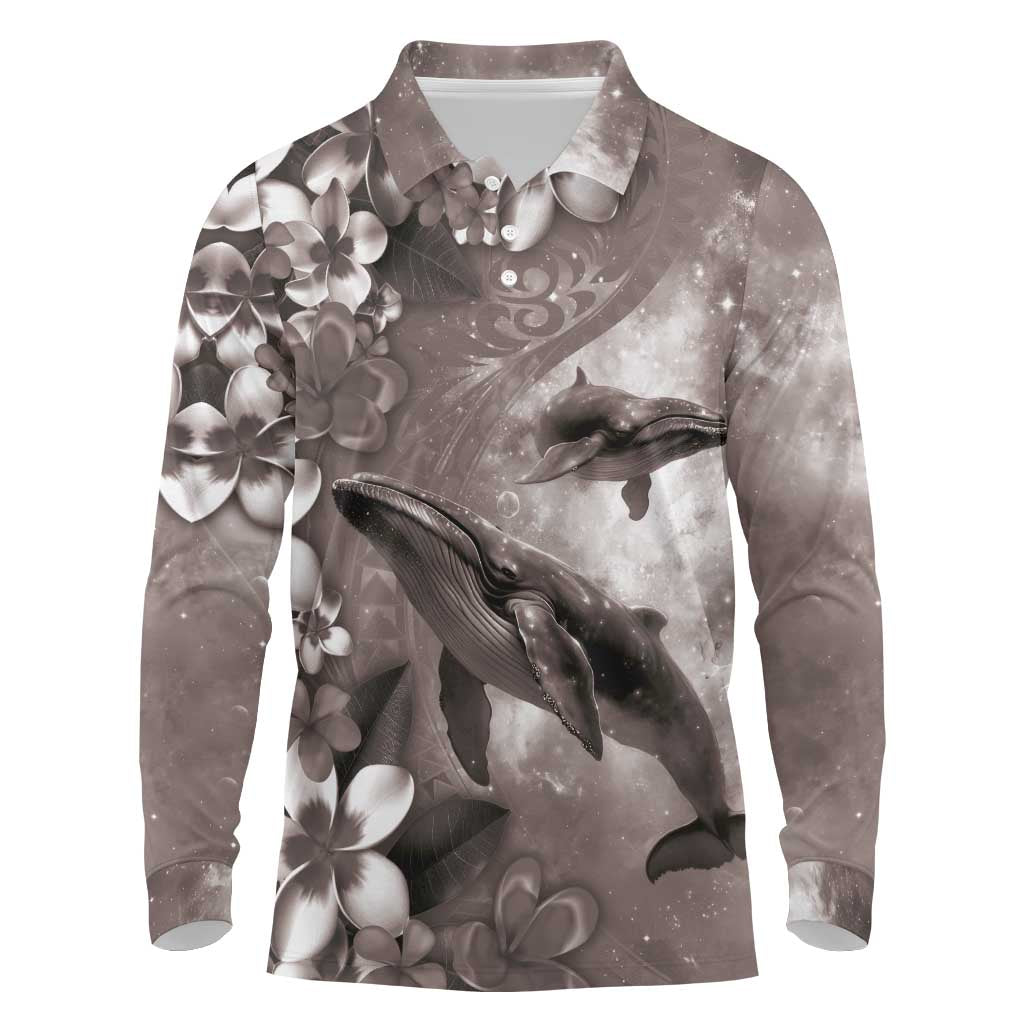 Hawaiian Lei Day Plumeria Humpback Whales Long Sleeve Polo Shirt Polynesian Art Vibrant Starry Nebula Grayscale Style