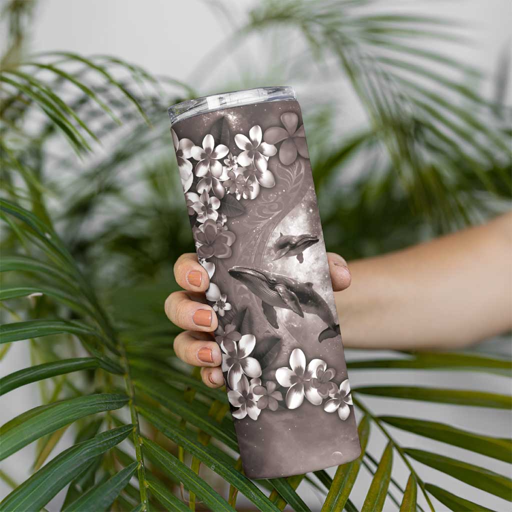 Hawaiian Lei Day Plumeria Humpback Whales Skinny Tumbler Polynesian Art Vibrant Starry Nebula Grayscale Style LT03 - Polynesian Pride