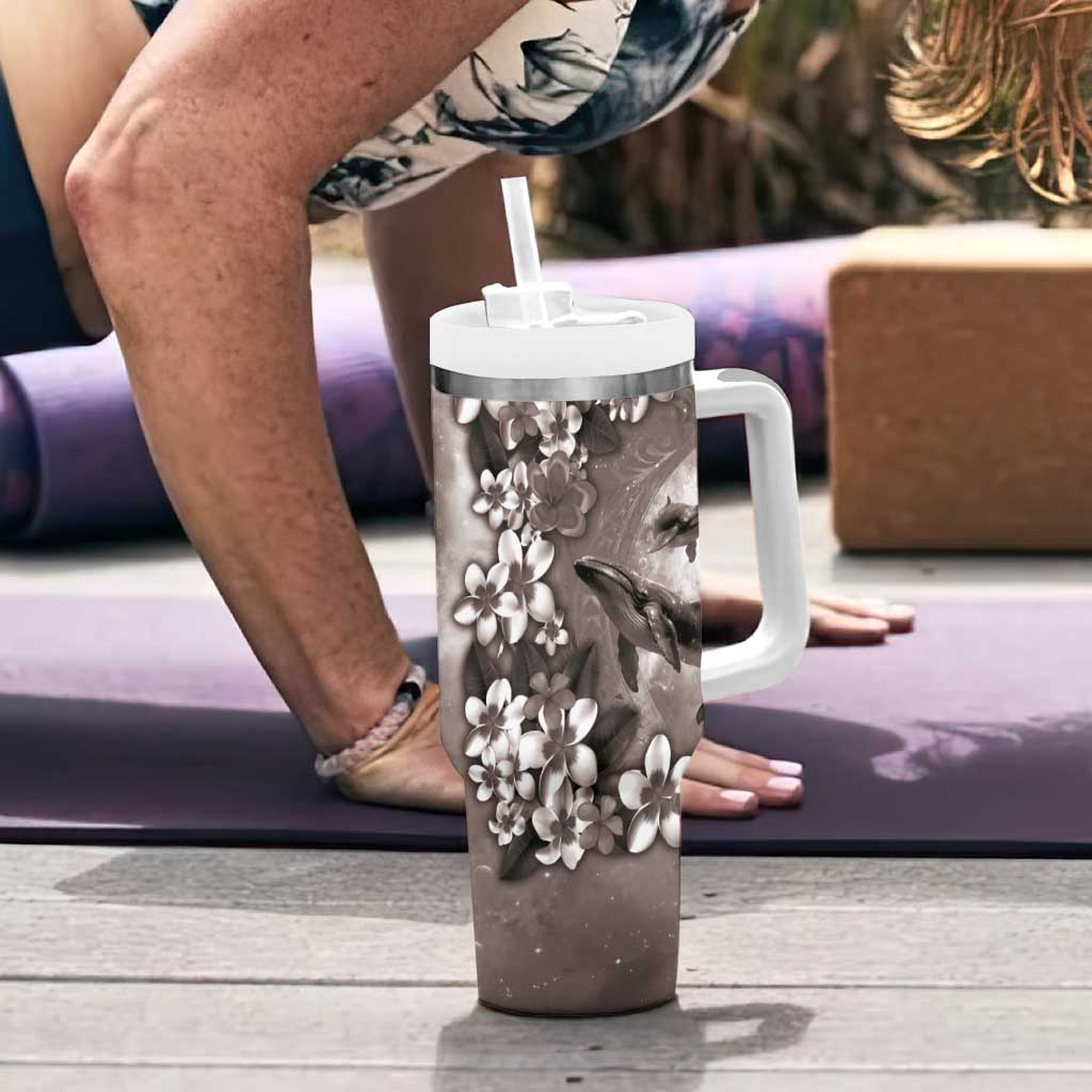 Hawaiian Lei Day Plumeria Humpback Whales Tumbler With Handle Polynesian Art Vibrant Starry Nebula Grayscale Style