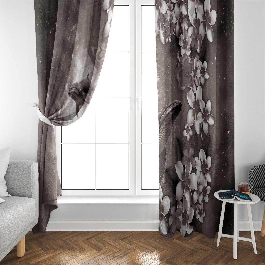 Hawaiian Lei Day Plumeria Humpback Whales Window Curtain Polynesian Art Vibrant Starry Nebula Grayscale Style