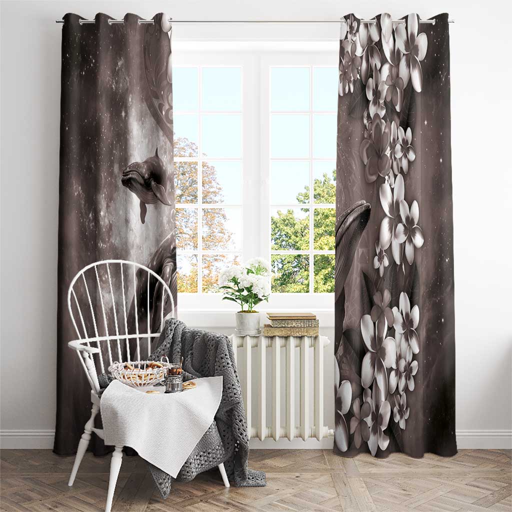 Hawaiian Lei Day Plumeria Humpback Whales Window Curtain Polynesian Art Vibrant Starry Nebula Grayscale Style
