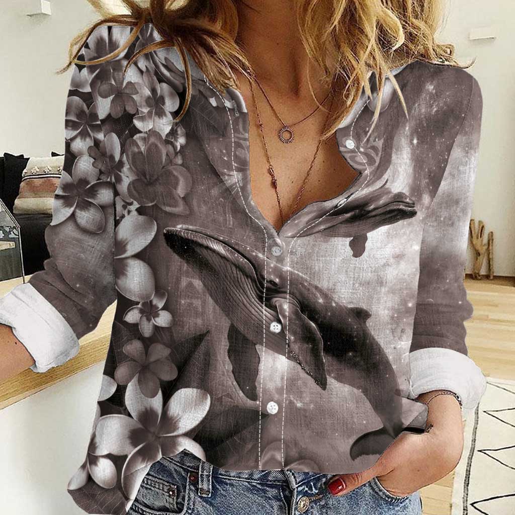 Hawaiian Lei Day Plumeria Humpback Whales Women Casual Shirt Polynesian Art Vibrant Starry Nebula Grayscale Style LT03 Female Art - Polynesian Pride