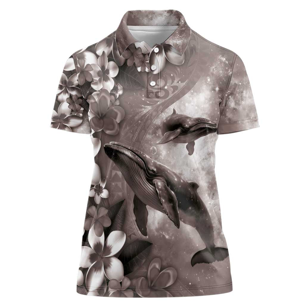 Hawaiian Lei Day Plumeria Humpback Whales Women Polo Shirt Polynesian Art Vibrant Starry Nebula Grayscale Style LT03 Female Art - Polynesian Pride