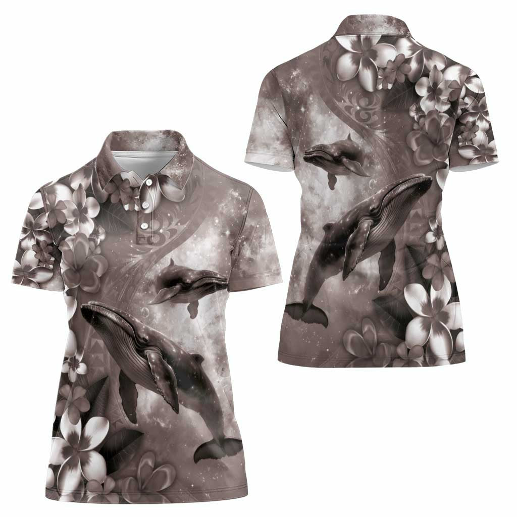 Hawaiian Lei Day Plumeria Humpback Whales Women Polo Shirt Polynesian Art Vibrant Starry Nebula Grayscale Style LT03 - Polynesian Pride