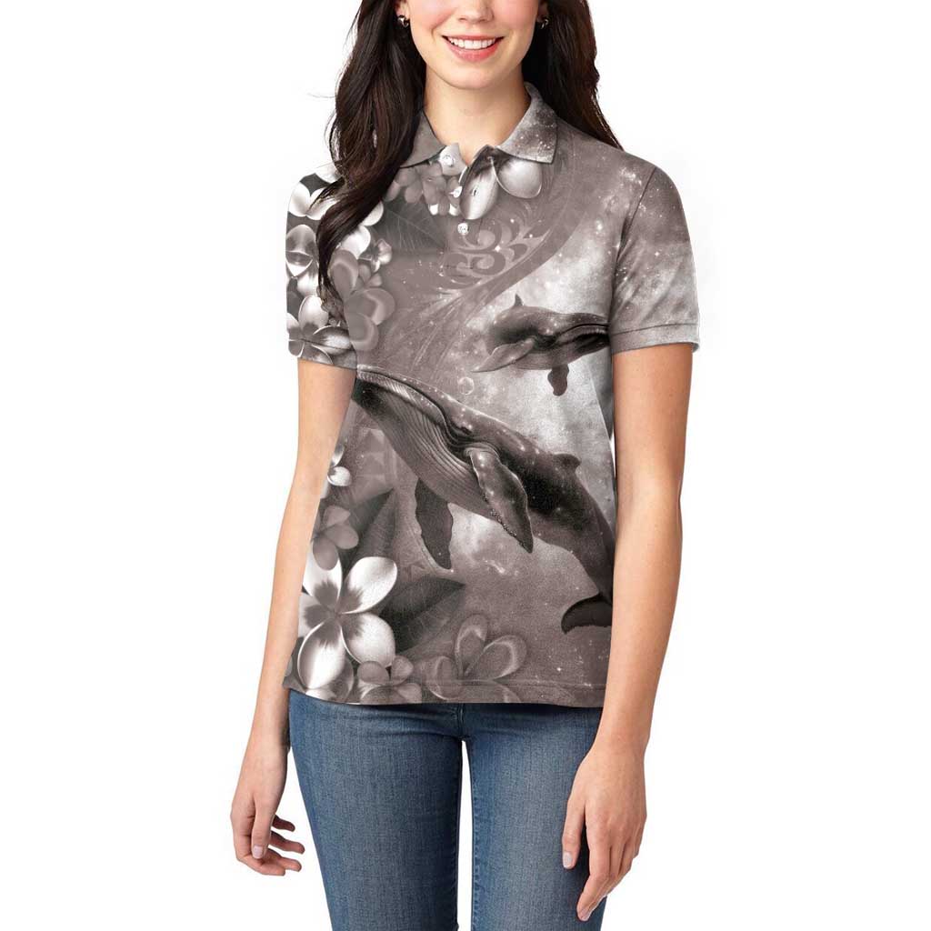 Hawaiian Lei Day Plumeria Humpback Whales Women Polo Shirt Polynesian Art Vibrant Starry Nebula Grayscale Style LT03 - Polynesian Pride