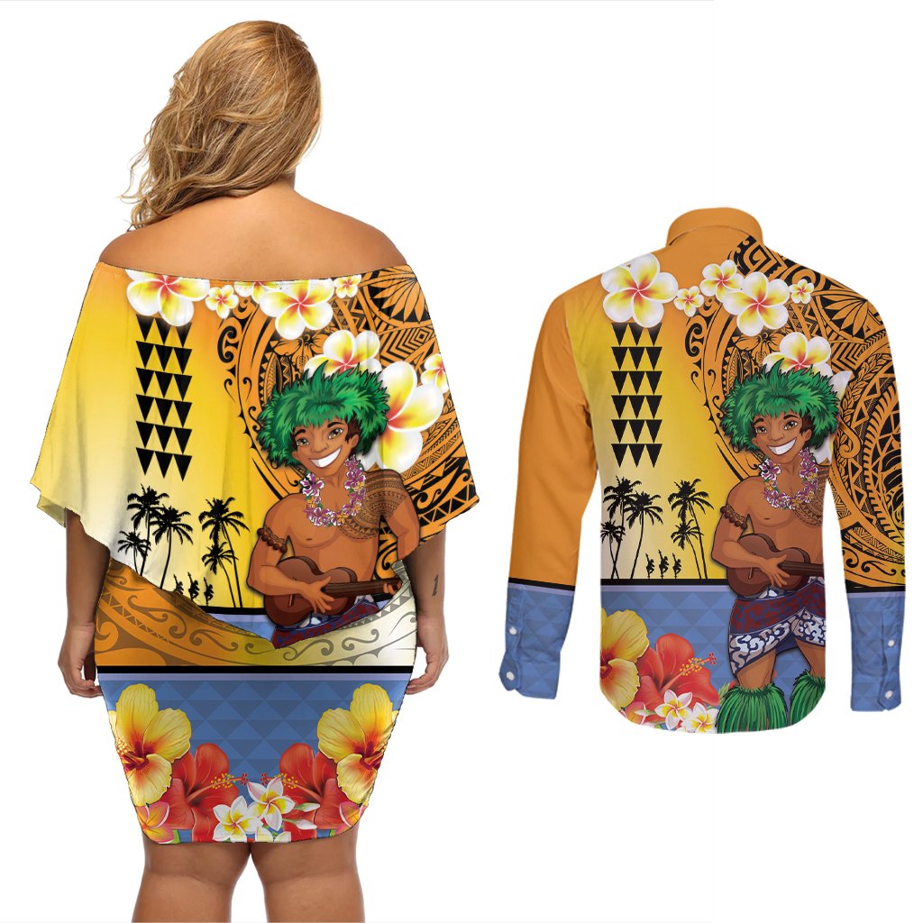 Happy Lei Day Couples Matching Off Shoulder Short Dress and Long Sleeve Button Shirt Hula Male Dancer Polynesian Flower Kakau Pattern