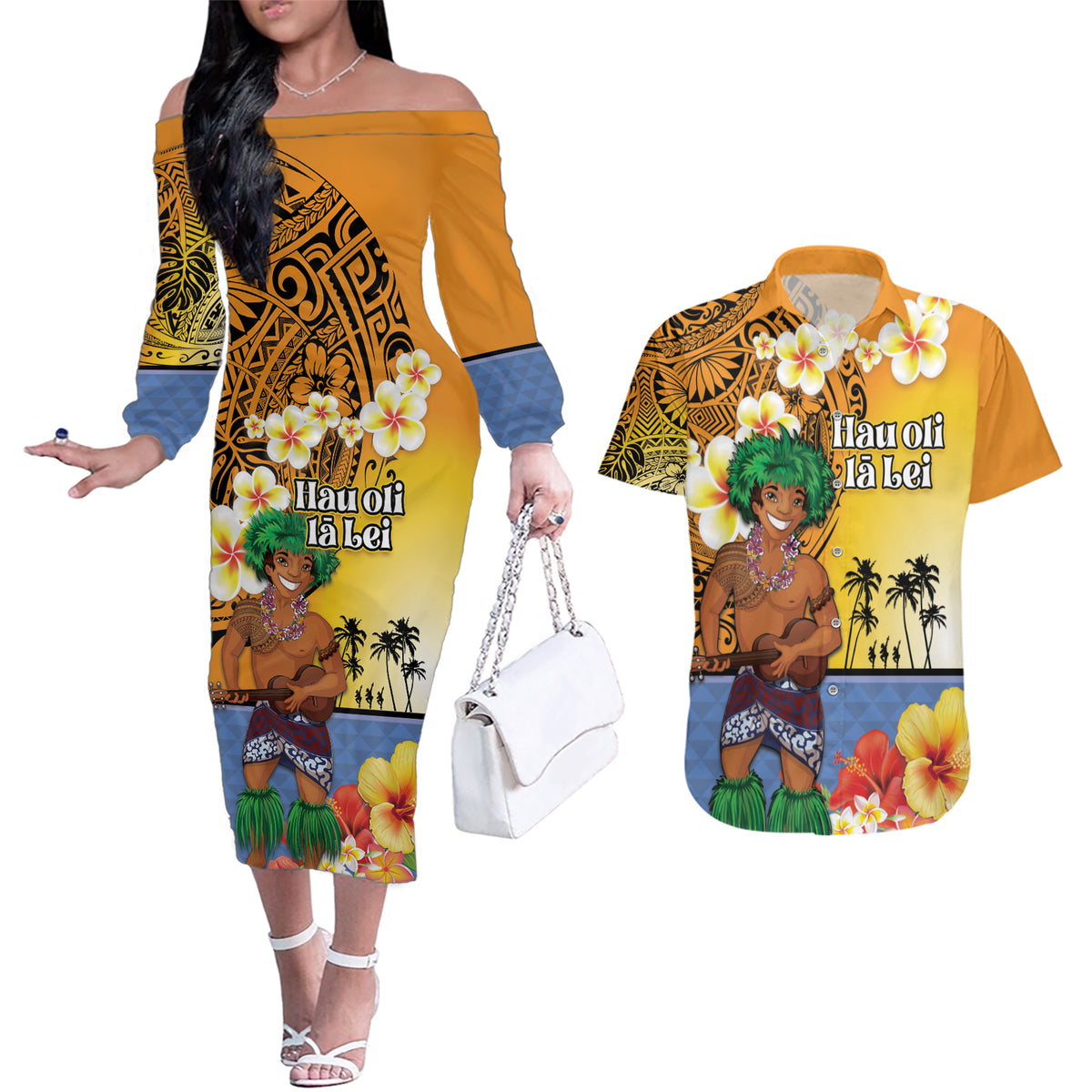 Happy Lei Day Couples Matching Off The Shoulder Long Sleeve Dress and Hawaiian Shirt Hula Male Dancer Polynesian Flower Kakau Pattern