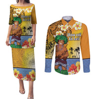 Happy Lei Day Couples Matching Puletasi and Long Sleeve Button Shirt Hula Male Dancer Polynesian Flower Kakau Pattern