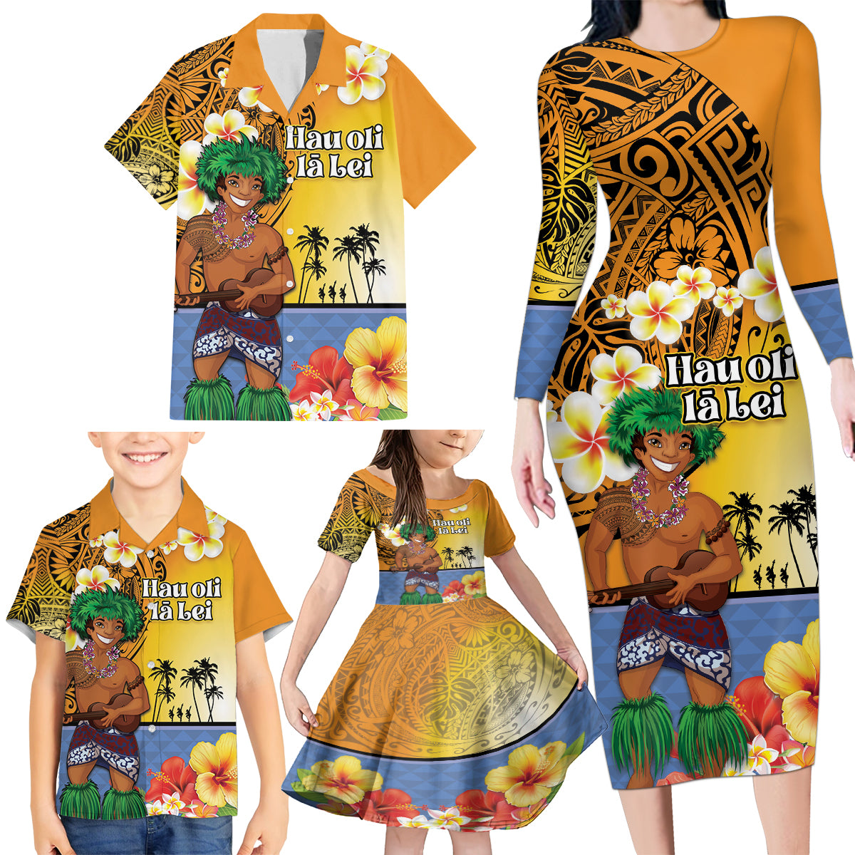 Happy Lei Day Family Matching Long Sleeve Bodycon Dress and Hawaiian Shirt Hula Male Dancer Polynesian Flower Kakau Pattern LT03 - Polynesian Pride