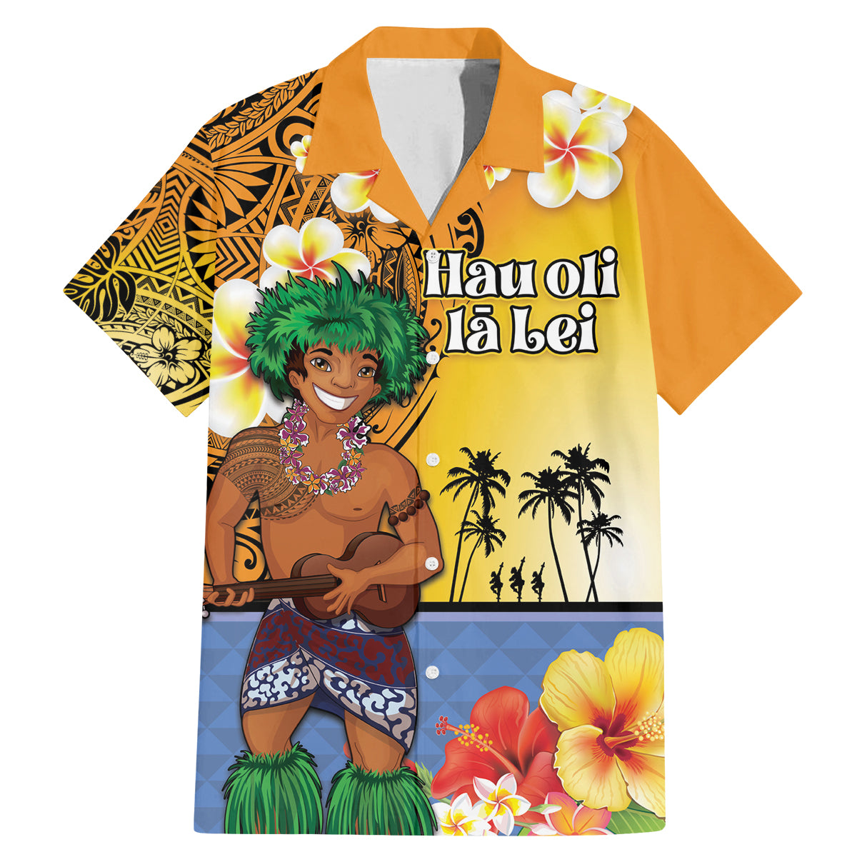 Happy Lei Day Family Matching Mermaid Dress and Hawaiian Shirt Hula Male Dancer Polynesian Flower Kakau Pattern LT03 Dad's Shirt - Short Sleeve Yellow - Polynesian Pride