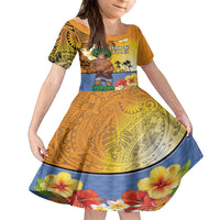 Happy Lei Day Family Matching Off The Shoulder Long Sleeve Dress and Hawaiian Shirt Hula Male Dancer Polynesian Flower Kakau Pattern LT03 Daughter's Dress Yellow - Polynesian Pride