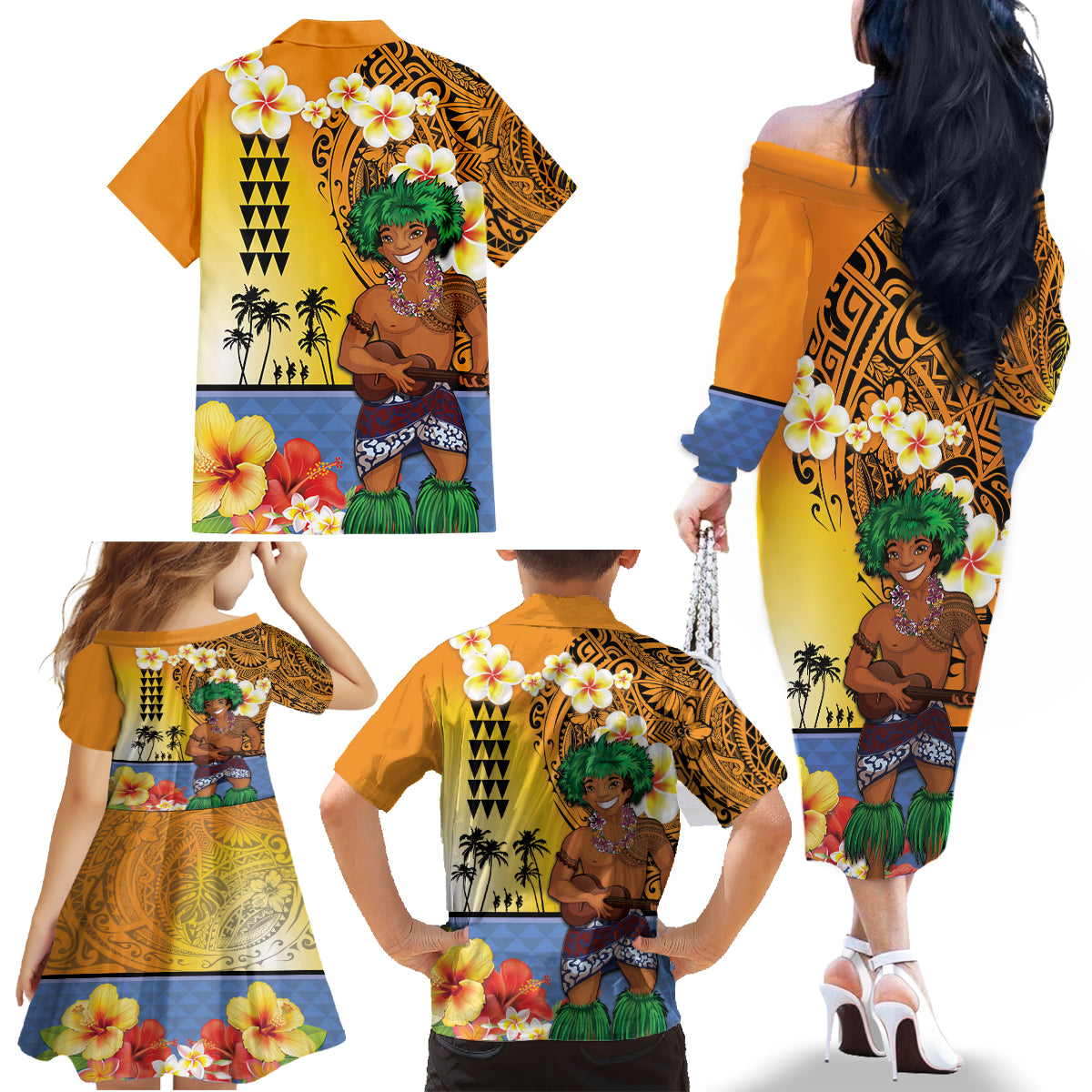 Happy Lei Day Family Matching Off The Shoulder Long Sleeve Dress and Hawaiian Shirt Hula Male Dancer Polynesian Flower Kakau Pattern LT03 - Polynesian Pride
