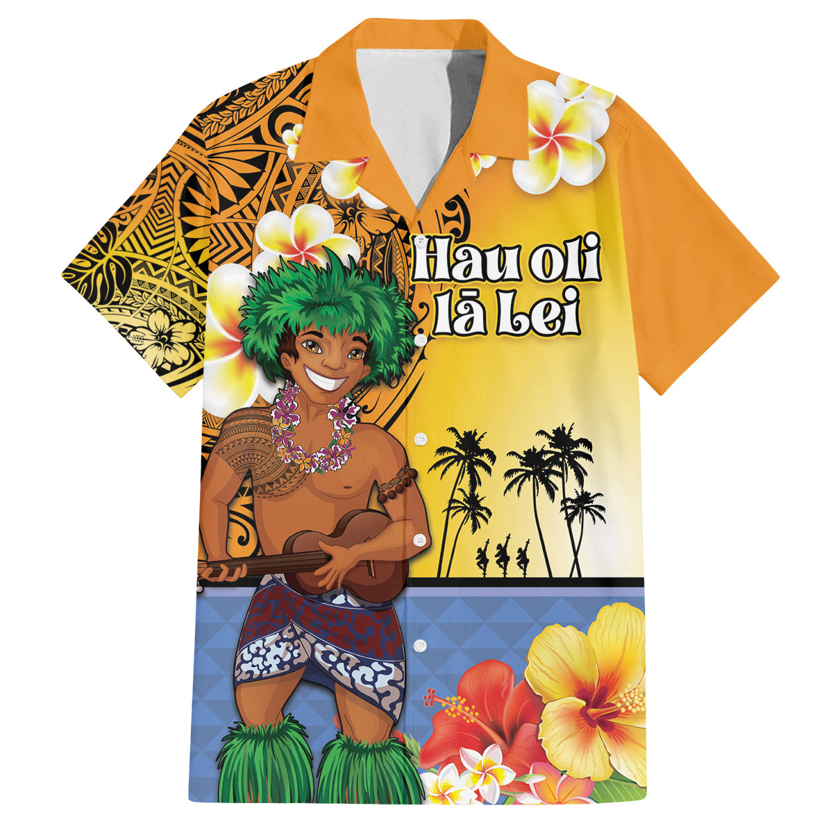 Happy Lei Day Family Matching Off Shoulder Short Dress and Hawaiian Shirt Hula Male Dancer Polynesian Flower Kakau Pattern LT03 Dad's Shirt - Short Sleeve Yellow - Polynesian Pride