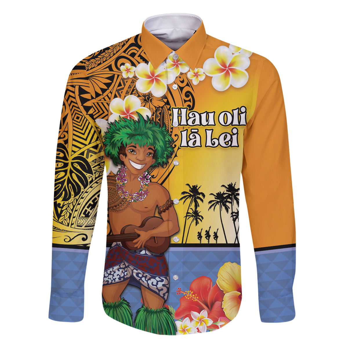 Happy Lei Day Family Matching Off Shoulder Short Dress and Hawaiian Shirt Hula Male Dancer Polynesian Flower Kakau Pattern LT03 Dad's Shirt - Long Sleeve Yellow - Polynesian Pride