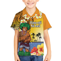 Happy Lei Day Family Matching Off Shoulder Short Dress and Hawaiian Shirt Hula Male Dancer Polynesian Flower Kakau Pattern LT03 Son's Shirt Yellow - Polynesian Pride