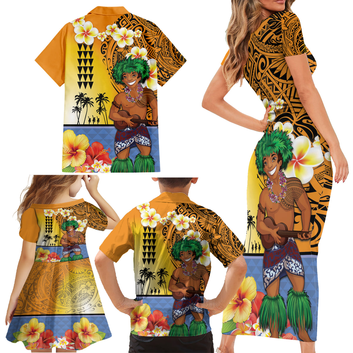 Happy Lei Day Family Matching Short Sleeve Bodycon Dress and Hawaiian Shirt Hula Male Dancer Polynesian Flower Kakau Pattern LT03 - Polynesian Pride