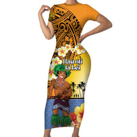 Happy Lei Day Family Matching Short Sleeve Bodycon Dress and Hawaiian Shirt Hula Male Dancer Polynesian Flower Kakau Pattern LT03 Mom's Dress Yellow - Polynesian Pride