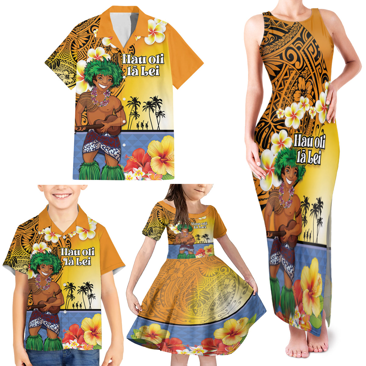 Happy Lei Day Family Matching Tank Maxi Dress and Hawaiian Shirt Hula Male Dancer Polynesian Flower Kakau Pattern LT03 - Polynesian Pride