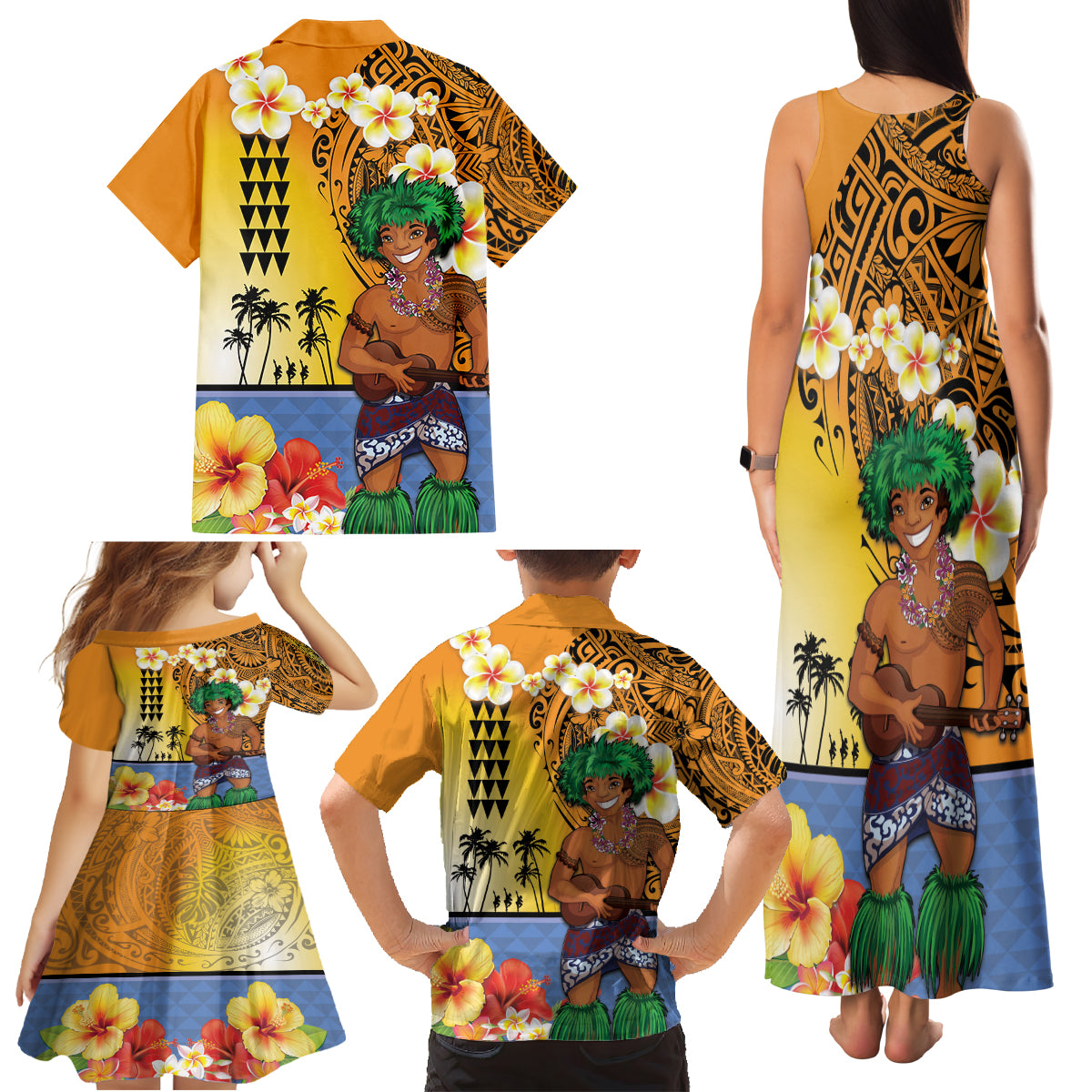 Happy Lei Day Family Matching Tank Maxi Dress and Hawaiian Shirt Hula Male Dancer Polynesian Flower Kakau Pattern LT03 - Polynesian Pride
