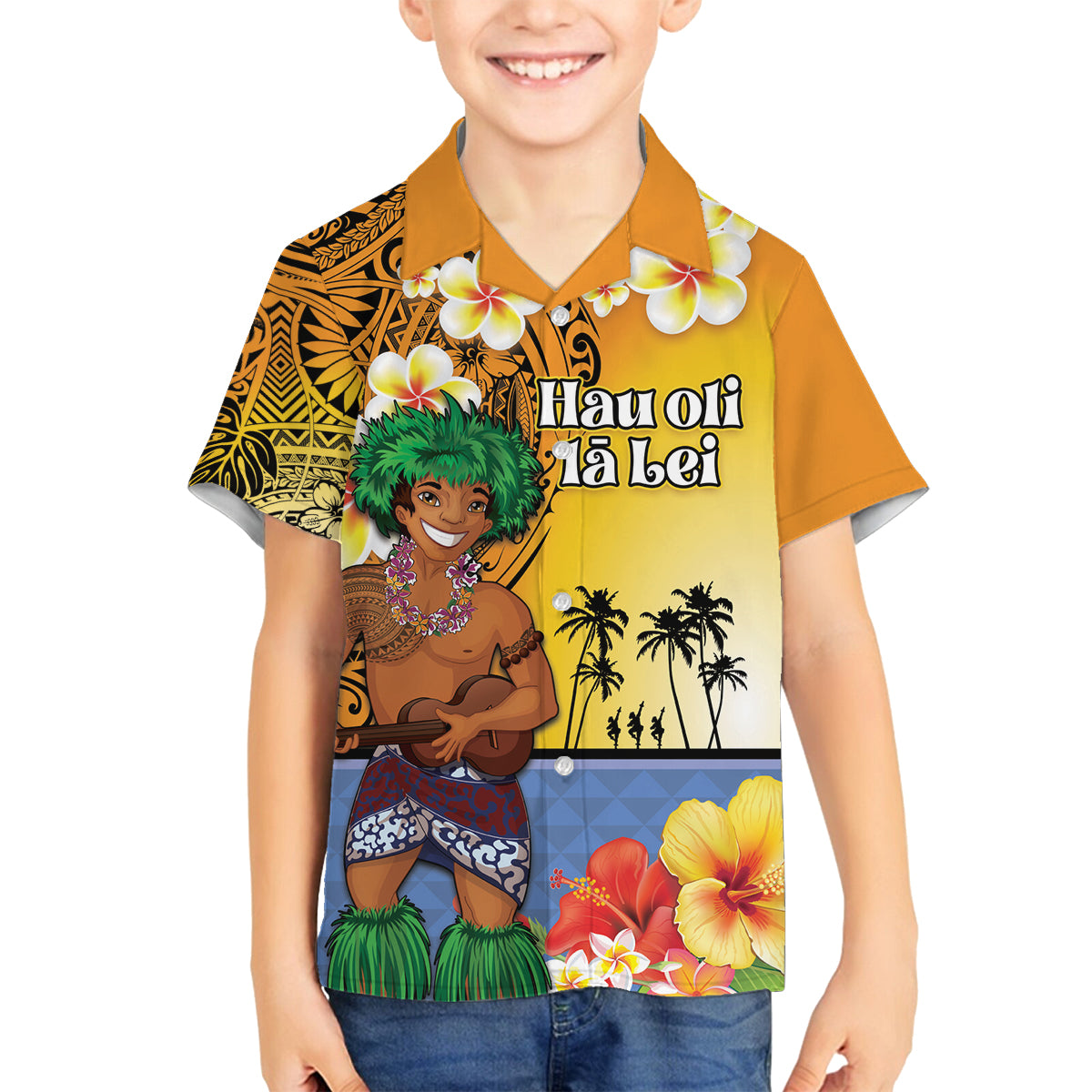 Happy Lei Day Family Matching Tank Maxi Dress and Hawaiian Shirt Hula Male Dancer Polynesian Flower Kakau Pattern LT03 Son's Shirt Yellow - Polynesian Pride