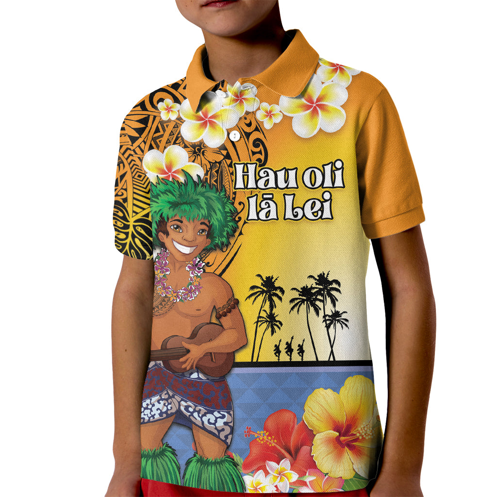 Happy Lei Day Kid Polo Shirt Hula Male Dancer Polynesian Flower Kakau Pattern