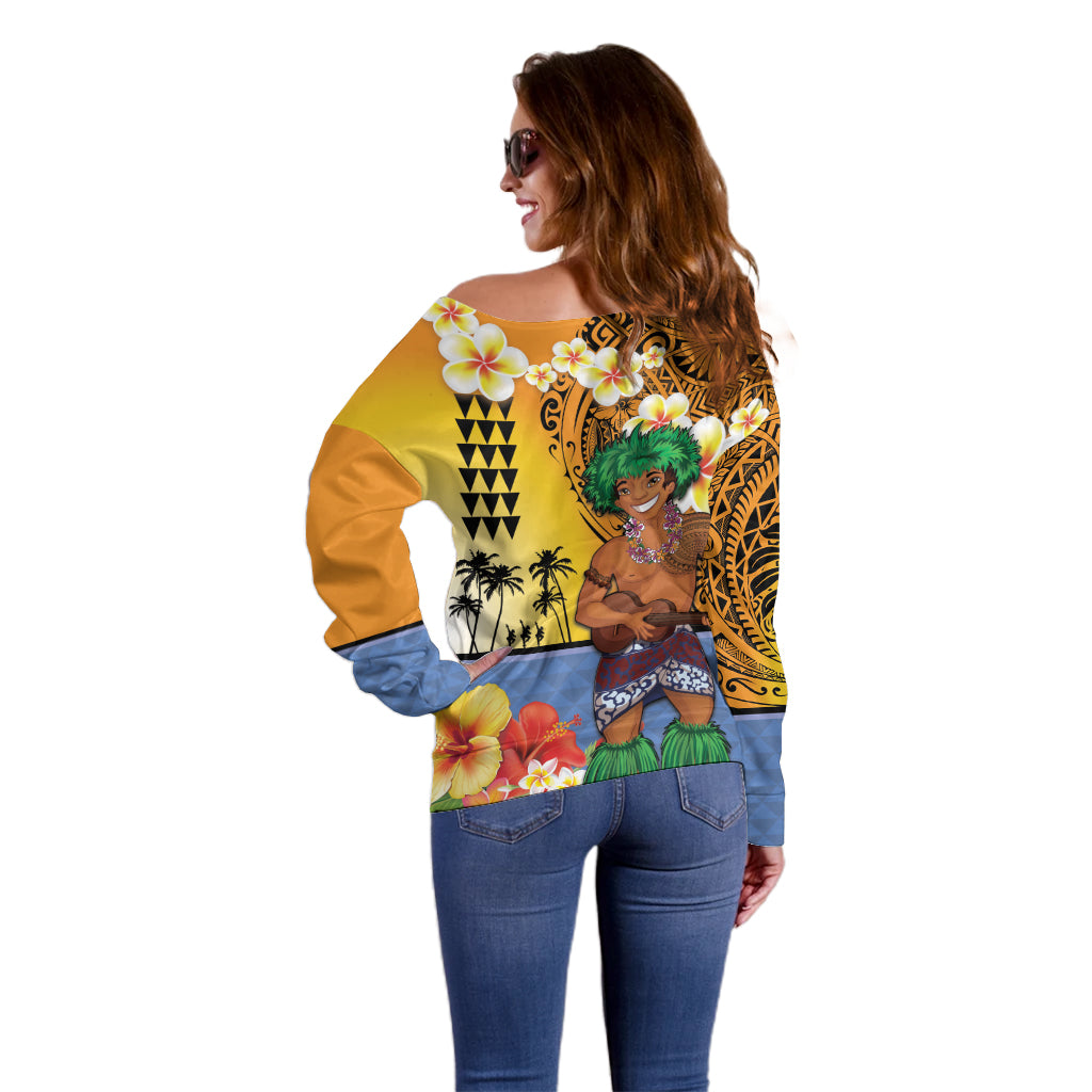 Happy Lei Day Off Shoulder Sweater Hula Male Dancer Polynesian Flower Kakau Pattern