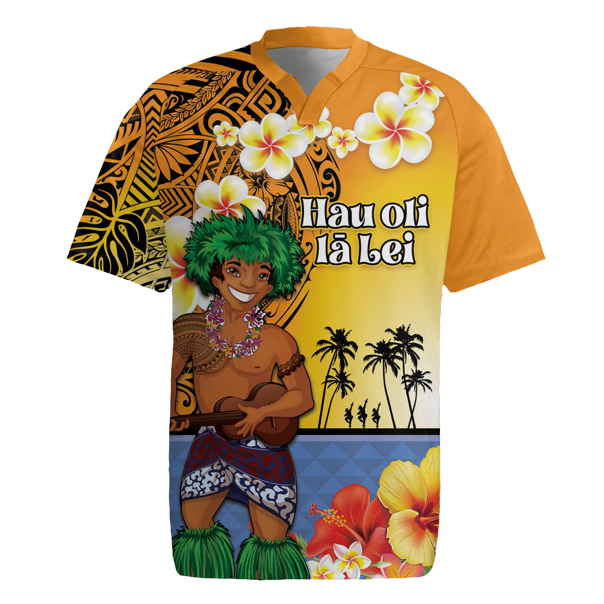 Happy Lei Day Rugby Jersey Hula Male Dancer Polynesian Flower Kakau Pattern LT03 Yellow - Polynesian Pride