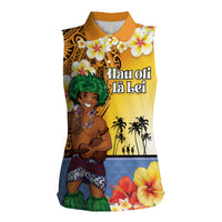 Happy Lei Day Women Sleeveless Polo Shirt Hula Male Dancer Polynesian Flower Kakau Pattern