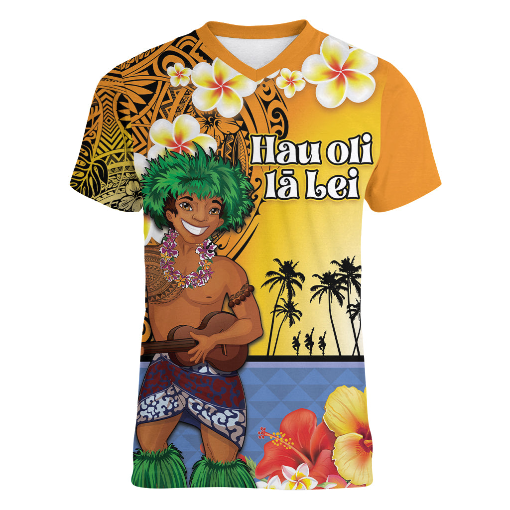 Happy Lei Day Women V-Neck T-Shirt Hula Male Dancer Polynesian Flower Kakau Pattern