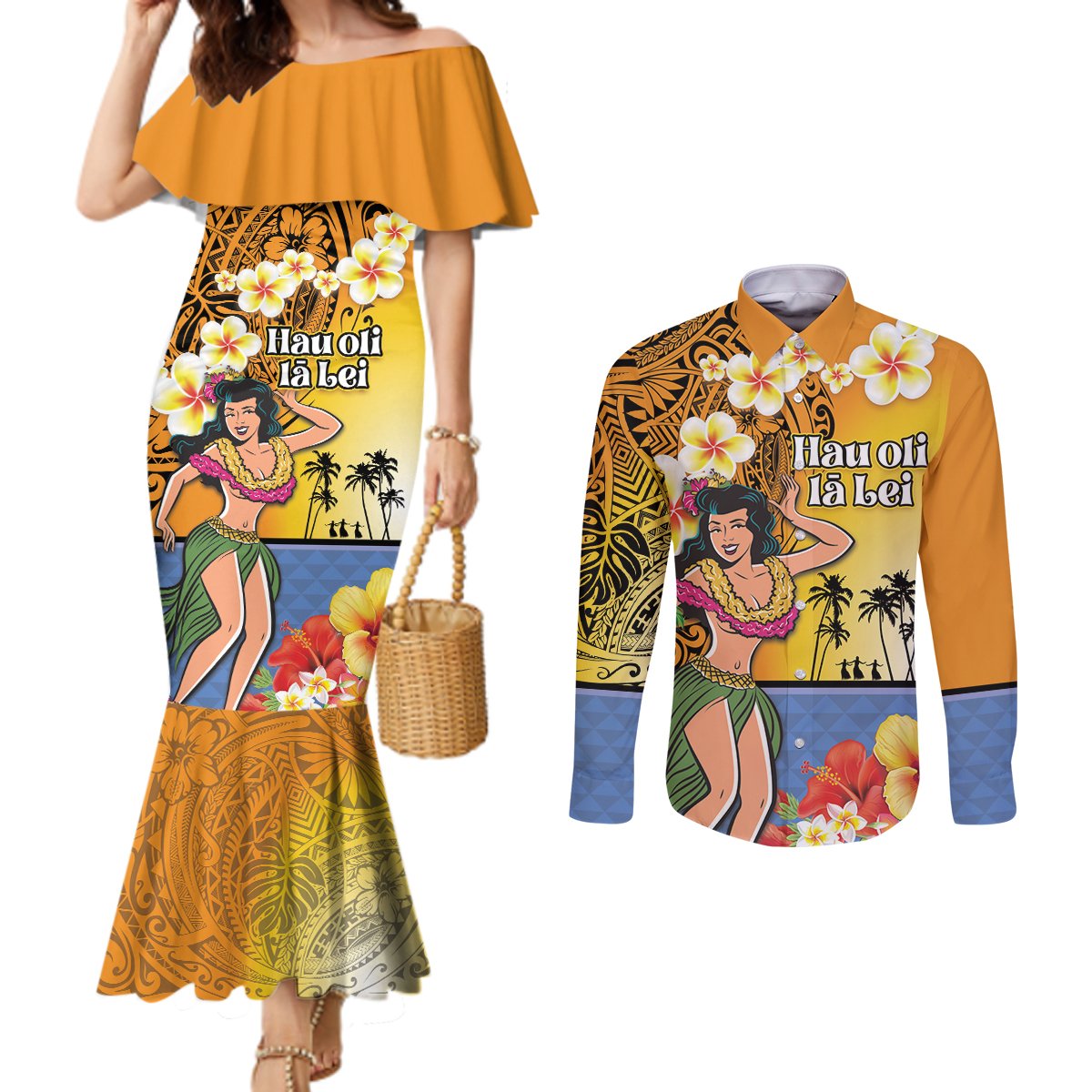 Happy Lei Day Couples Matching Mermaid Dress and Long Sleeve Button Shirt Hula Girl Polynesian Flower Kakau Pattern
