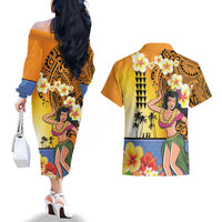 Happy Lei Day Couples Matching Off The Shoulder Long Sleeve Dress and Hawaiian Shirt Hula Girl Polynesian Flower Kakau Pattern LT03 - Polynesian Pride