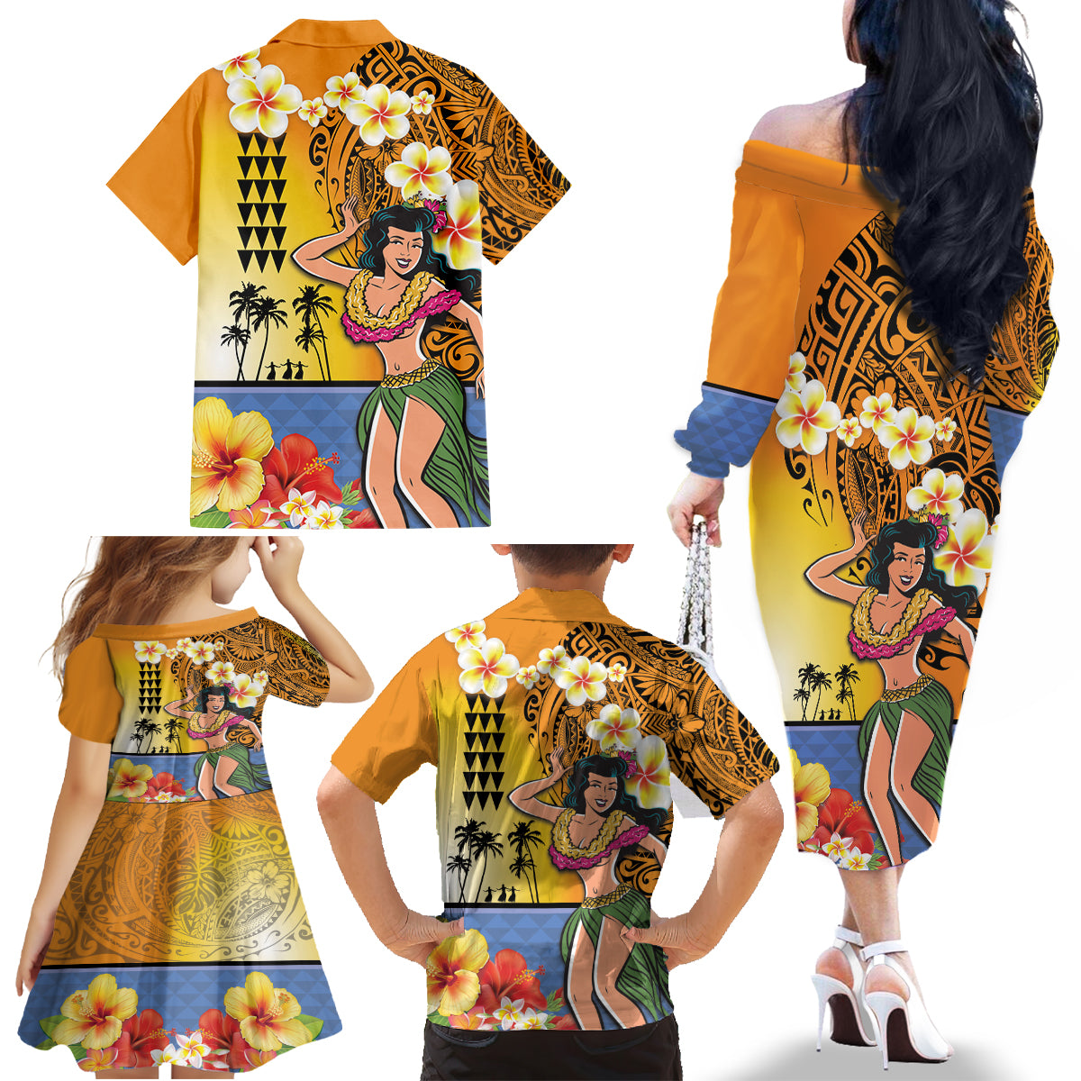 Happy Lei Day Family Matching Off The Shoulder Long Sleeve Dress and Hawaiian Shirt Hula Girl Polynesian Flower Kakau Pattern LT03 - Polynesian Pride