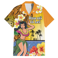 Happy Lei Day Family Matching Off The Shoulder Long Sleeve Dress and Hawaiian Shirt Hula Girl Polynesian Flower Kakau Pattern LT03 Dad's Shirt - Short Sleeve Yellow - Polynesian Pride