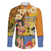Happy Lei Day Family Matching Off Shoulder Maxi Dress and Hawaiian Shirt Hula Girl Polynesian Flower Kakau Pattern LT03 Dad's Shirt - Long Sleeve Yellow - Polynesian Pride