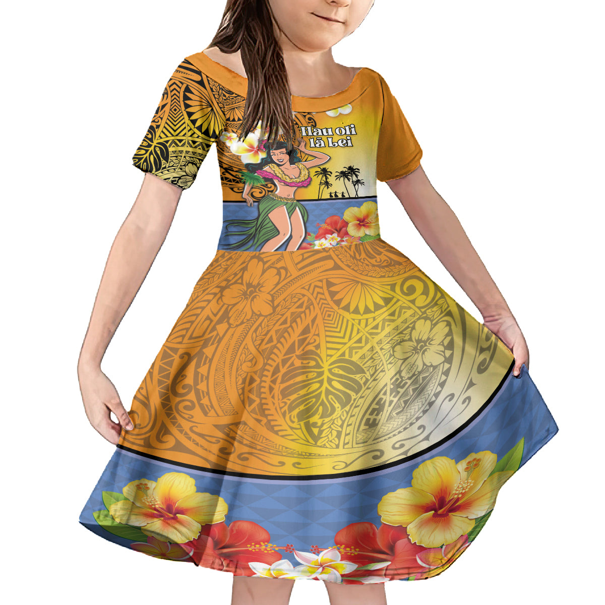 Happy Lei Day Family Matching Off Shoulder Short Dress and Hawaiian Shirt Hula Girl Polynesian Flower Kakau Pattern LT03 Daughter's Dress Yellow - Polynesian Pride