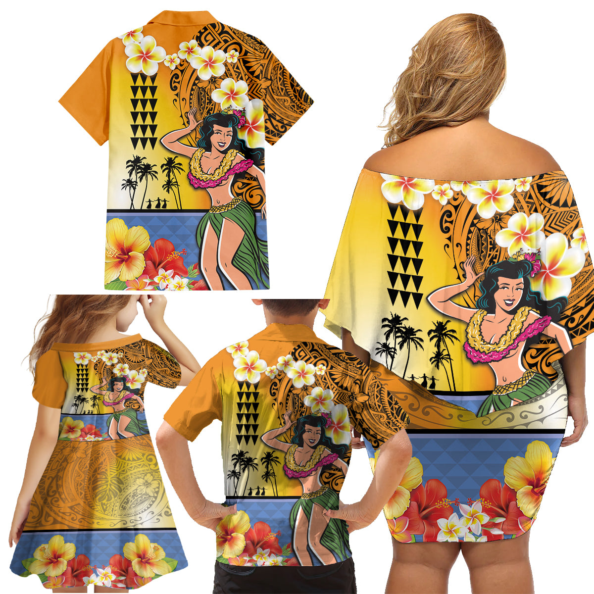 Happy Lei Day Family Matching Off Shoulder Short Dress and Hawaiian Shirt Hula Girl Polynesian Flower Kakau Pattern LT03 - Polynesian Pride