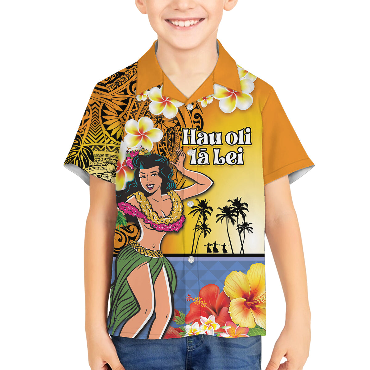 Happy Lei Day Family Matching Puletasi and Hawaiian Shirt Hula Girl Polynesian Flower Kakau Pattern LT03 Son's Shirt Yellow - Polynesian Pride