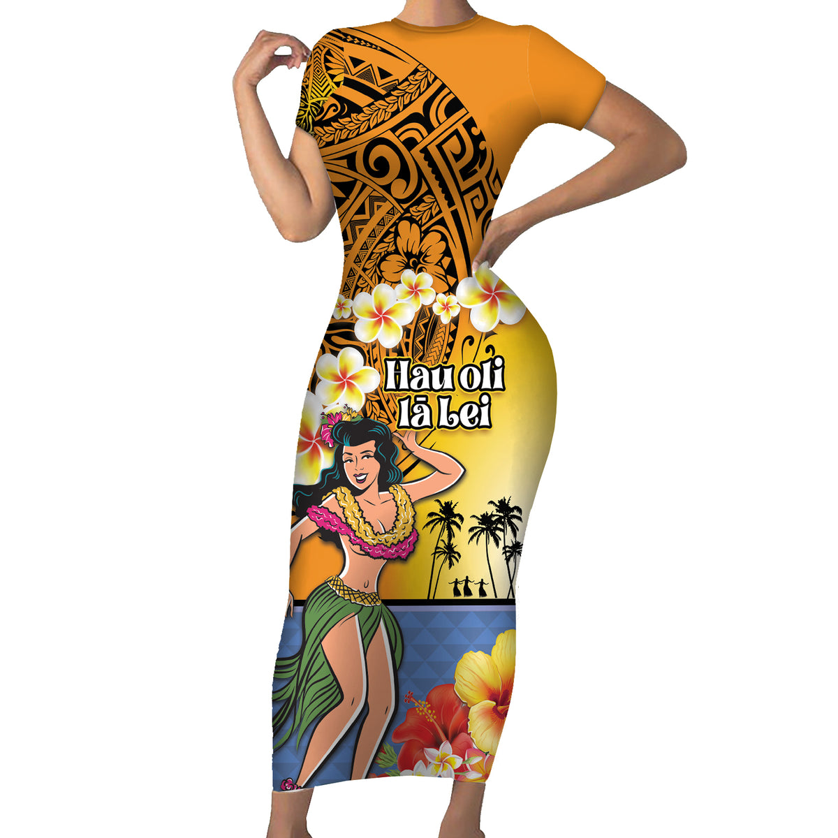 Happy Lei Day Family Matching Short Sleeve Bodycon Dress and Hawaiian Shirt Hula Girl Polynesian Flower Kakau Pattern LT03 Mom's Dress Yellow - Polynesian Pride