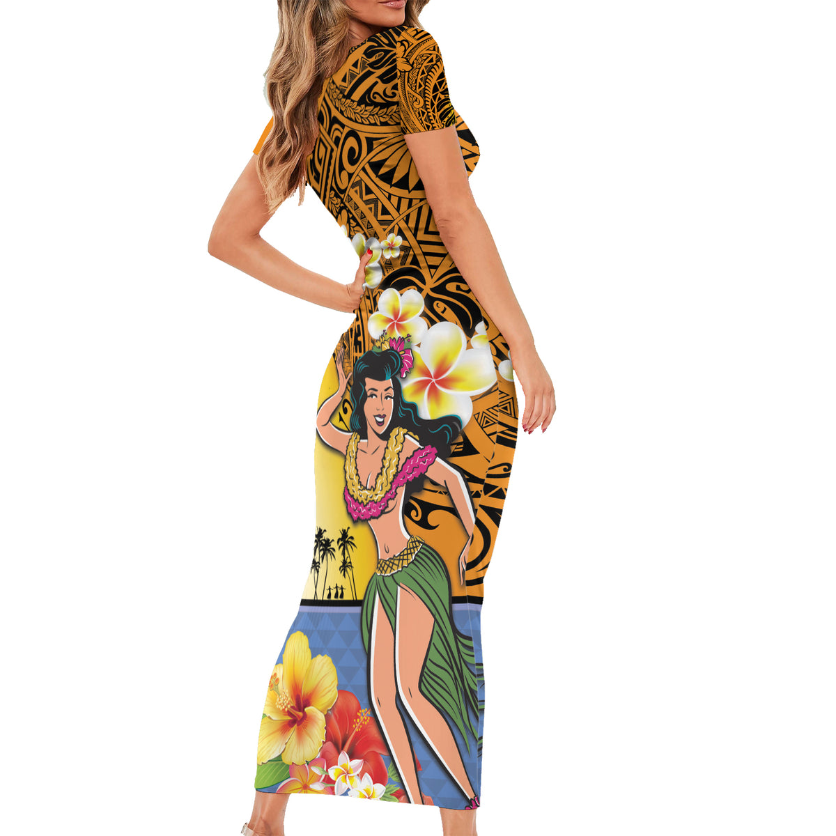 Happy Lei Day Family Matching Short Sleeve Bodycon Dress and Hawaiian Shirt Hula Girl Polynesian Flower Kakau Pattern LT03 - Polynesian Pride