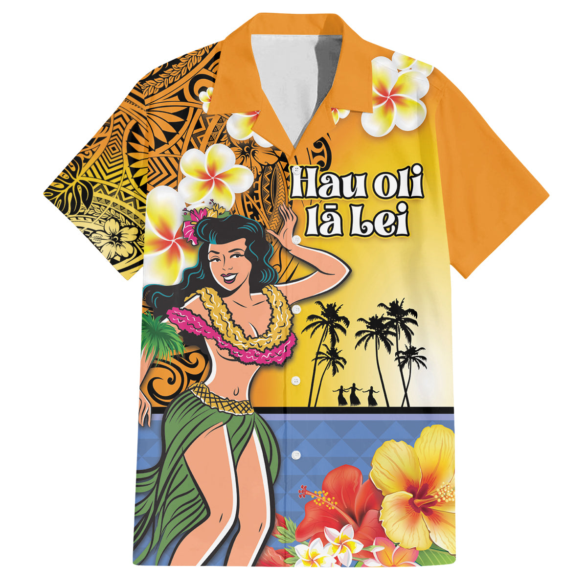 Happy Lei Day Family Matching Summer Maxi Dress and Hawaiian Shirt Hula Girl Polynesian Flower Kakau Pattern LT03 Dad's Shirt - Short Sleeve Yellow - Polynesian Pride