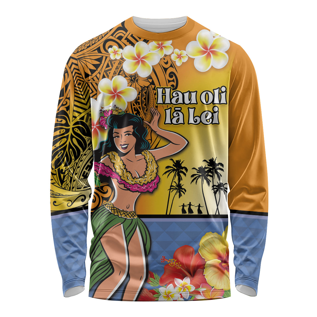 Happy Lei Day Long Sleeve Shirt Hula Girl Polynesian Flower Kakau Pattern LT03 Unisex Yellow - Polynesian Pride