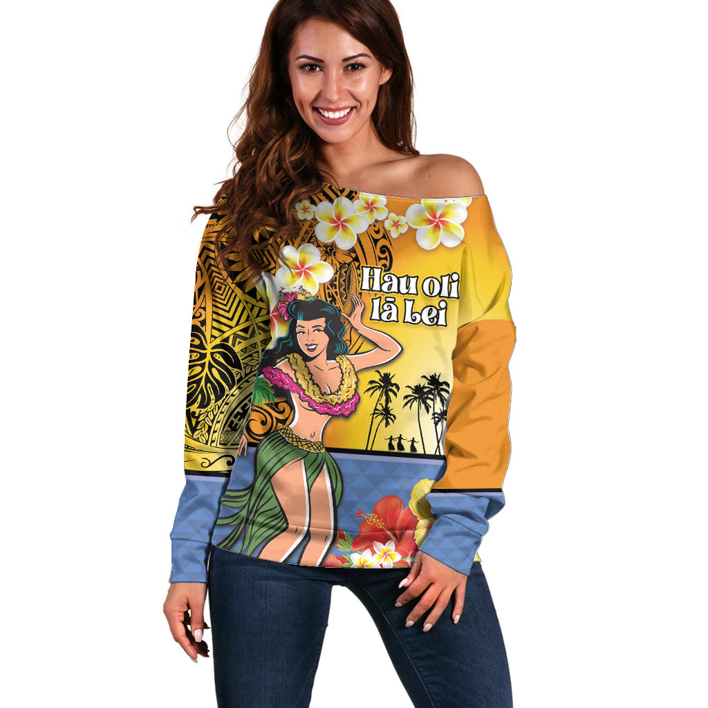 Happy Lei Day Off Shoulder Sweater Hula Girl Polynesian Flower Kakau Pattern