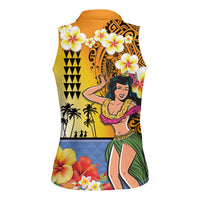 Happy Lei Day Women Sleeveless Polo Shirt Hula Girl Polynesian Flower Kakau Pattern