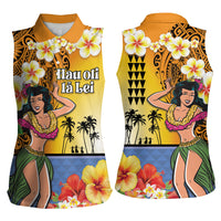 Happy Lei Day Women Sleeveless Polo Shirt Hula Girl Polynesian Flower Kakau Pattern