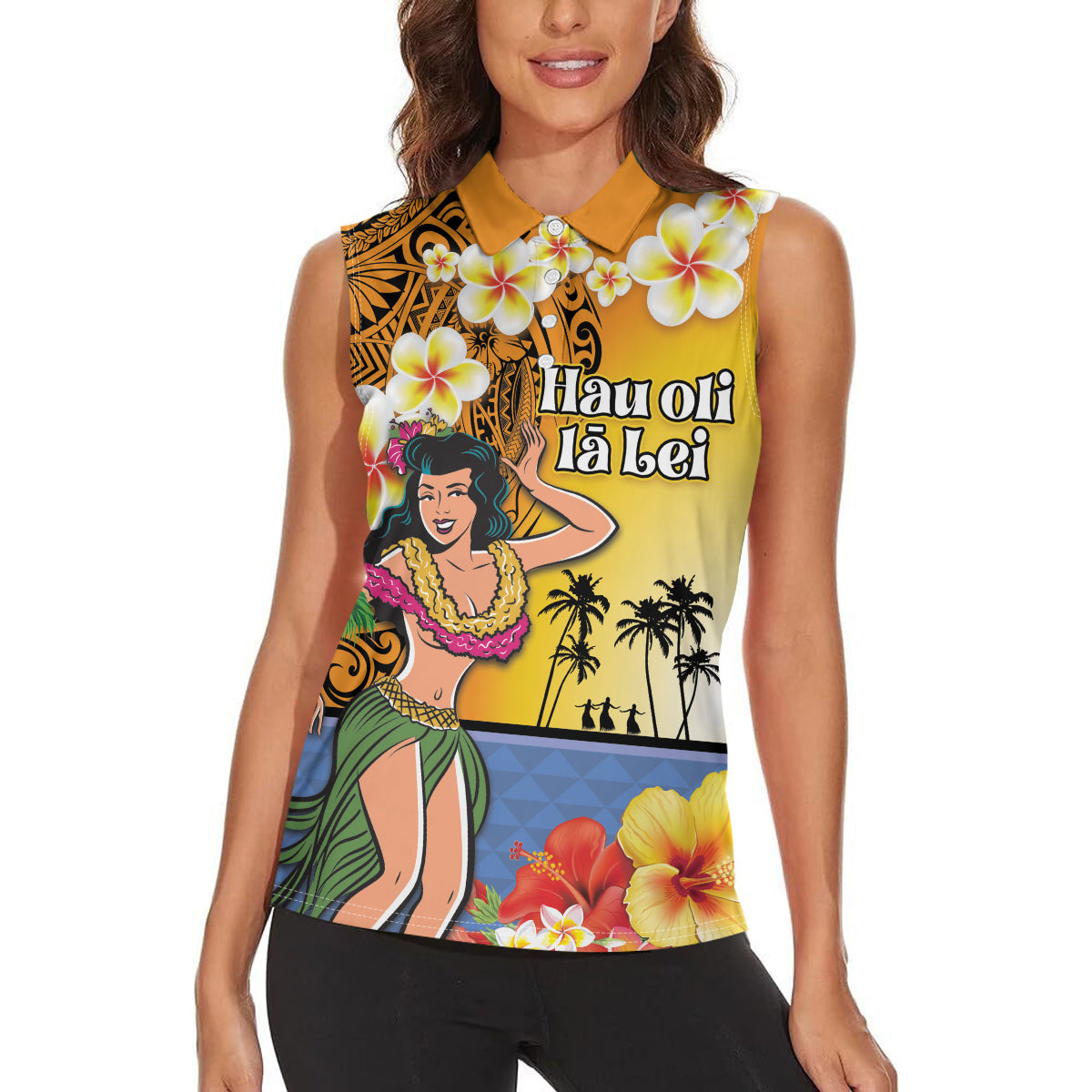 Happy Lei Day Women Sleeveless Polo Shirt Hula Girl Polynesian Flower Kakau Pattern