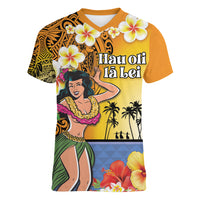 Happy Lei Day Women V-Neck T-Shirt Hula Girl Polynesian Flower Kakau Pattern