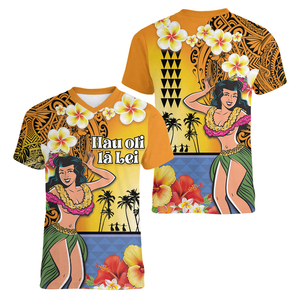 Happy Lei Day Women V-Neck T-Shirt Hula Girl Polynesian Flower Kakau Pattern